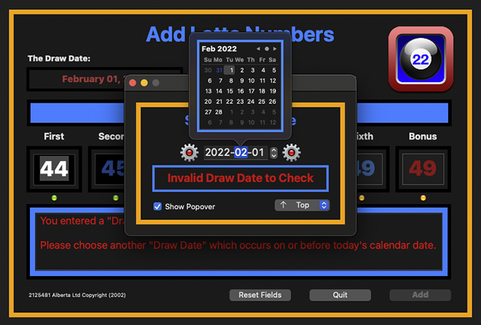 Selected Invalid Calendar Draw Date Window